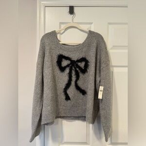 Maeve Gray Crewneck Sweater with Black Bow Appliqué